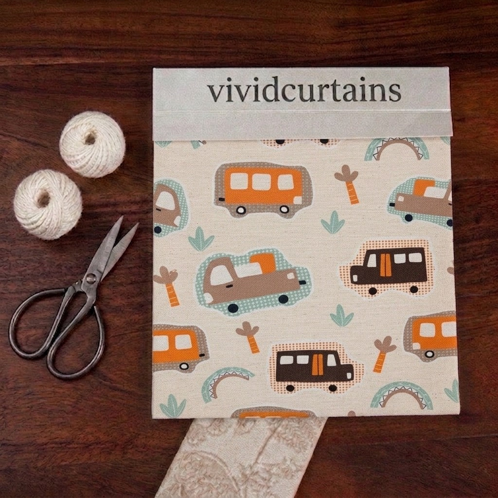 Curtain Fabric Swatch – Kids Adventure Cars (Cream)
